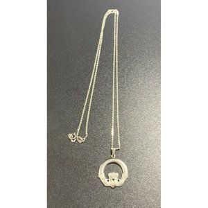 14k Ireland Claddagh Heart Hands Pendant White Gold Chain Link Necklace 17.5in